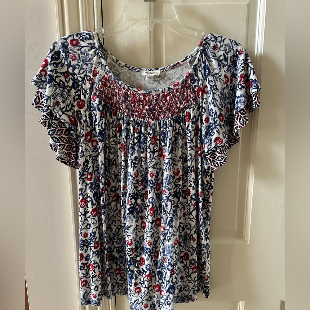 2/$10. Westport Red and Blue Floral Blouse